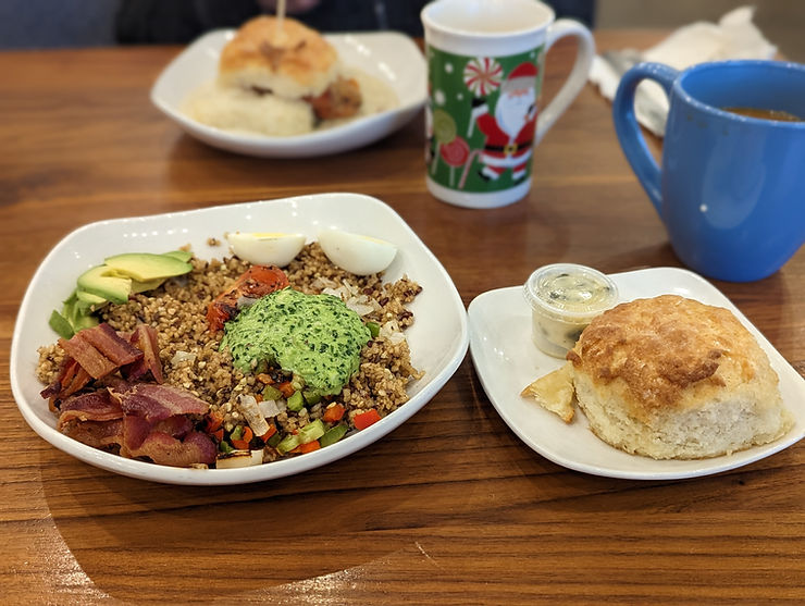 Pictured: Sunrise Quinoa Bowl with Fresh Pesto, Avocado & Bacon @ The Buttered Biscuit