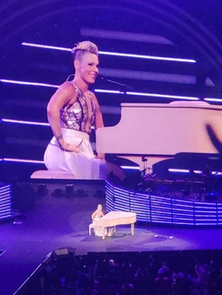 Pink at a piano