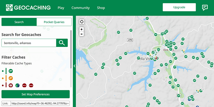 Screenshot of the Geocaching.com map showing caches in the area