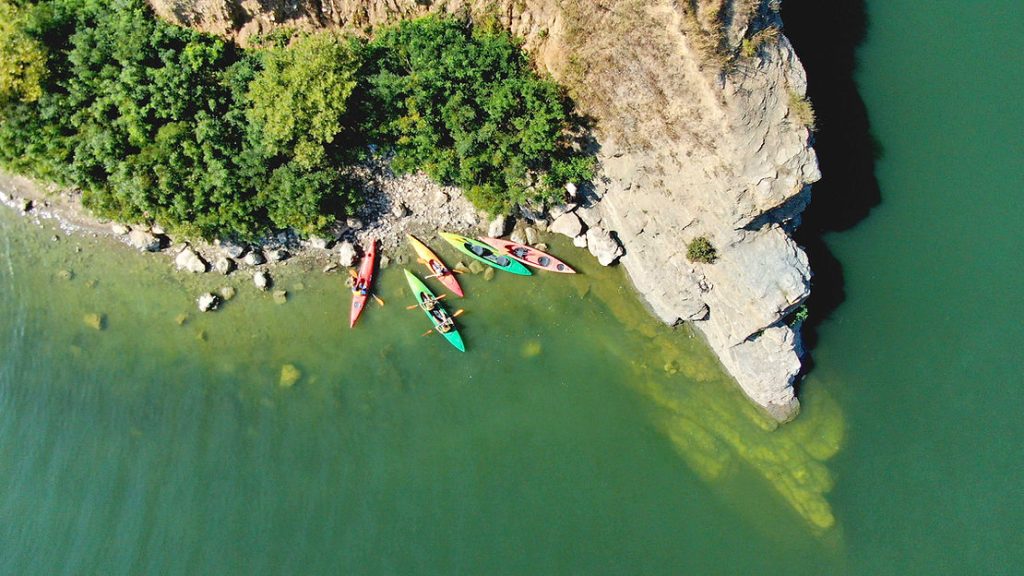 Kayaks and rock formation