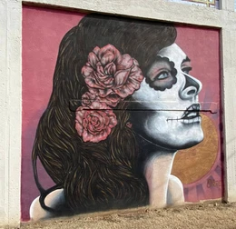 mural of a woman with face painted in day of the dead fashion