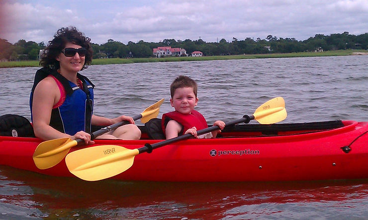 mom and son in tandem kayak