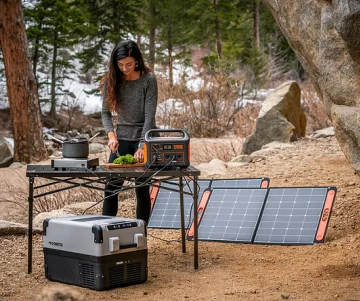 woman setting up camp with jackery solar power